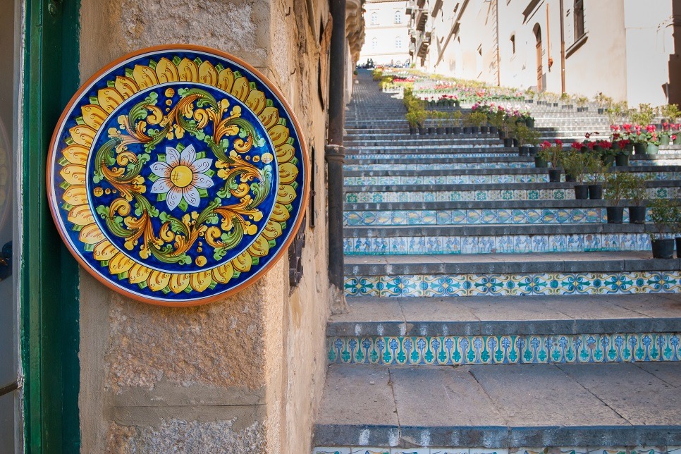 View of a colored ceramic plate from Caltagirone in its famous staircase